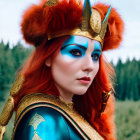 Woman in Blue Face Paint and Bear Headdress in Forest Setting