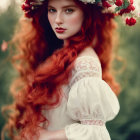 Red-haired woman in floral crown and lace dress in dreamy forest setting