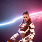 Futuristic female character in sci-fi space suit with weapons on cosmic background