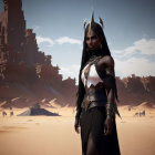 Fantasy desert warrior woman in metallic armor against sand dunes