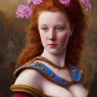 Fantasy digital artwork: Red-haired woman in armor with castle in purple sky