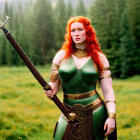 Red-haired woman in medieval armor wields sword in misty forest.