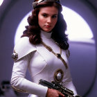 Female character in white and gold sci-fi armor with futuristic firearm in glowing backdrop