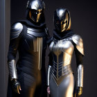 Fantasy armor with metallic and leather elements on two individuals