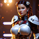 Futuristic female character in white and silver armor with brown hair and heroic pose on red and golden