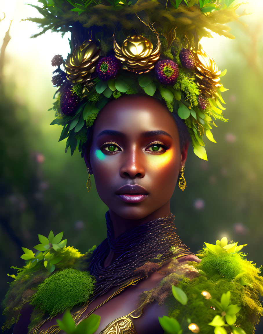 Woman portrait with glowing skin, crown of foliage, and golden ornaments in forest setting