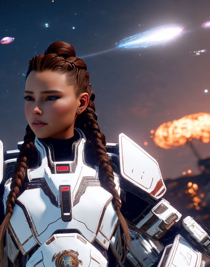 Futuristic armored woman with braided hair in cosmic setting