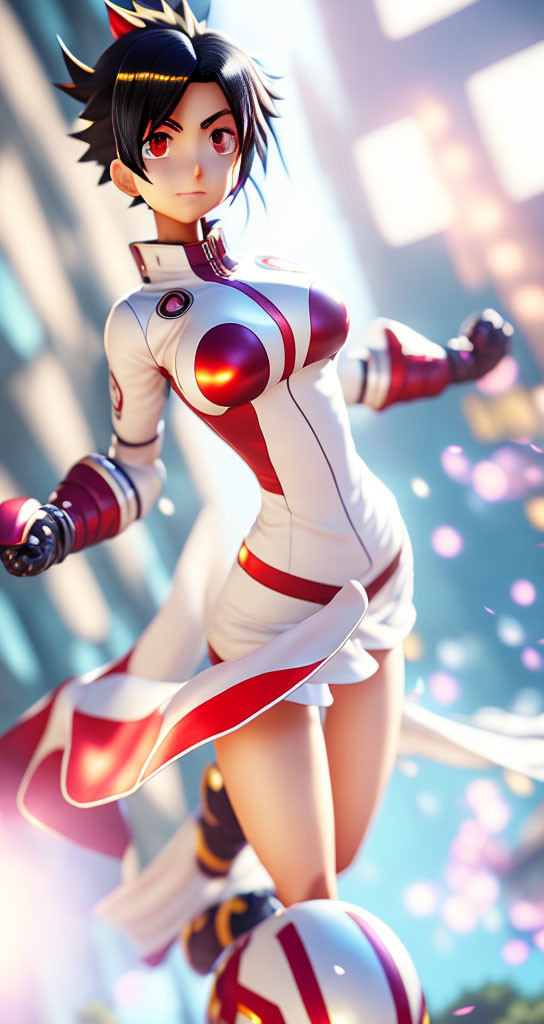 Futuristic female anime character in red and white suit with orbs and petals