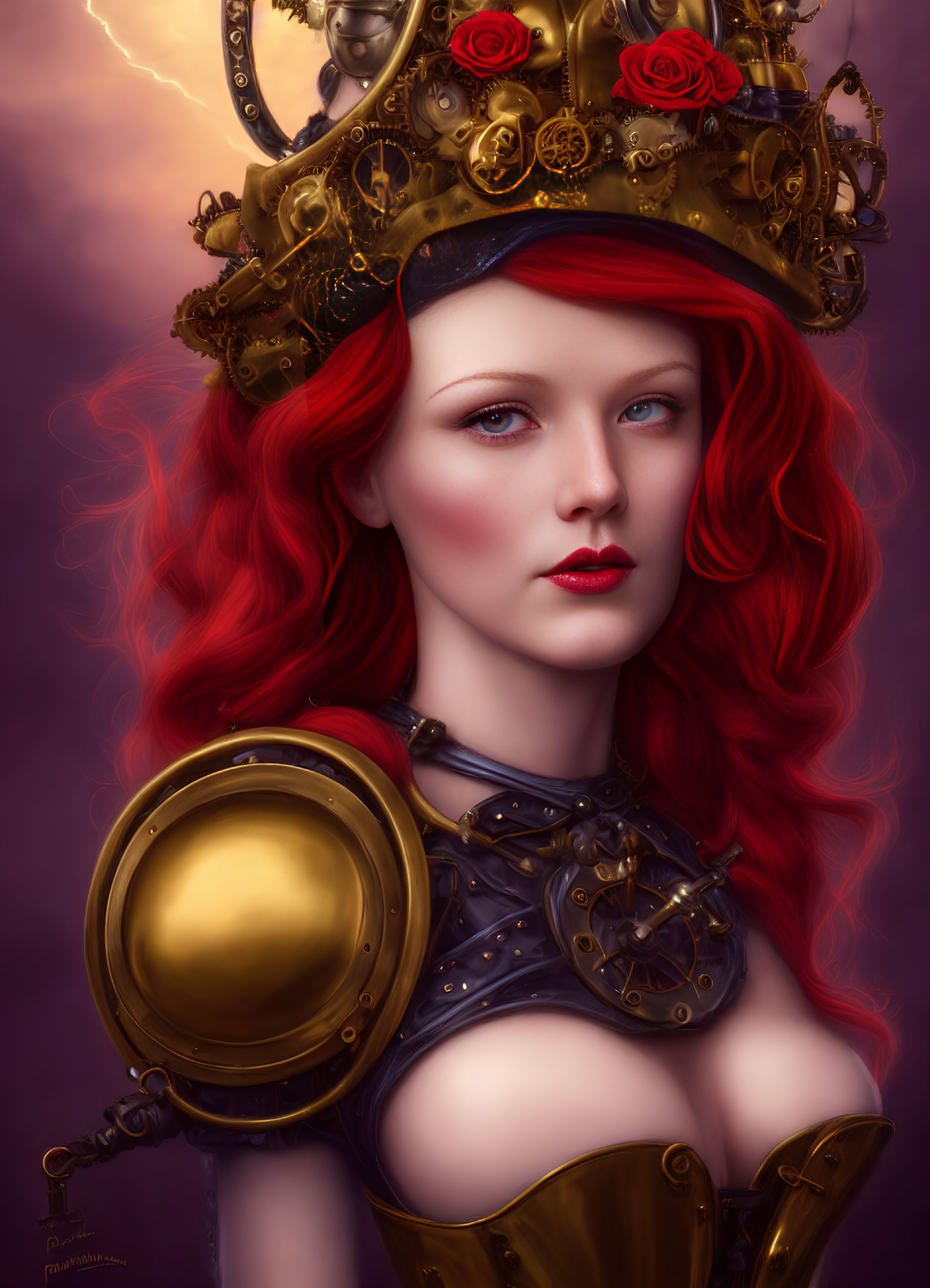 Vibrant red-haired woman in golden crown and medieval armor under purple sky with lightning