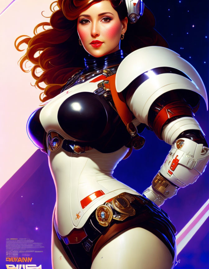 Futuristic female robot with red hair and armored body in black, white, and orange