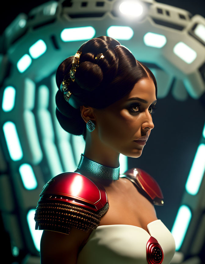 Elaborate Updo Hairstyle and Futuristic Fashion in Sci-Fi Setting