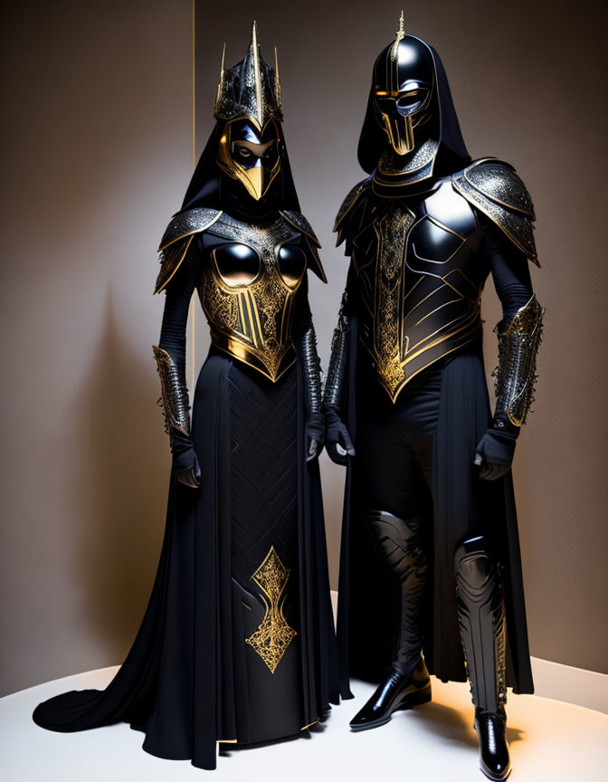 Medieval-inspired black and gold armor on two figures against beige backdrop