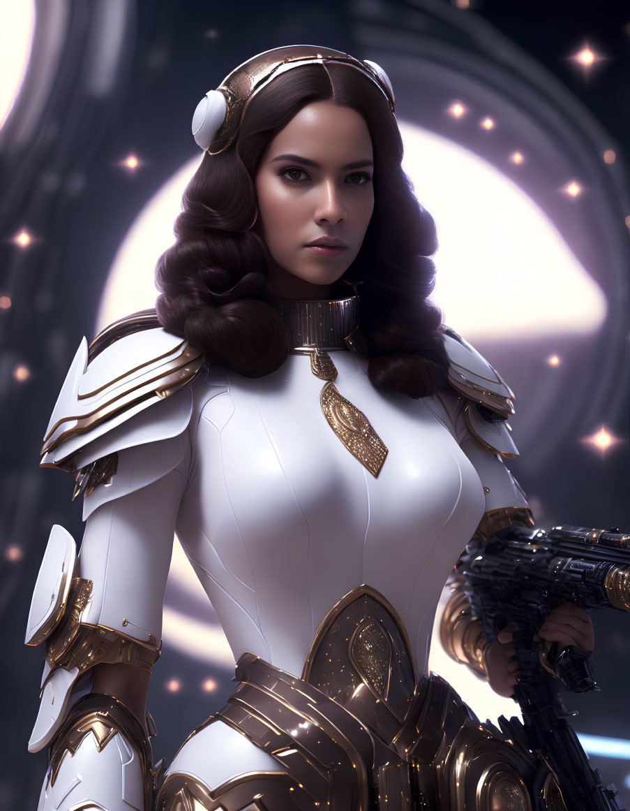 Female character in white and gold sci-fi armor with futuristic firearm in glowing backdrop