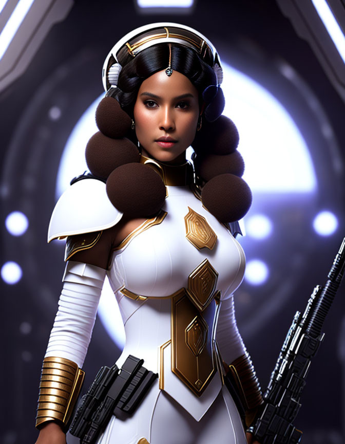 Futuristic woman in white and gold armor with high-tech weapon in sci-fi setting