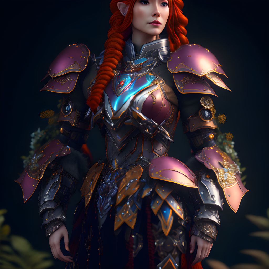 Vibrant red-haired female warrior in blue-glowing armor on dark background