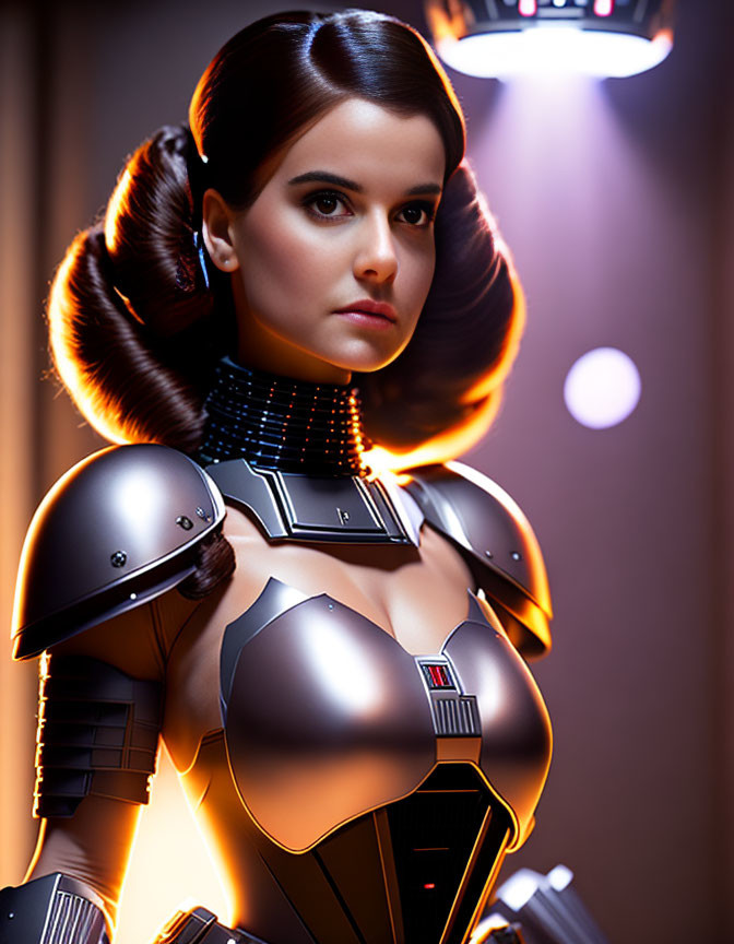 Futuristic female android with human face and metallic armor