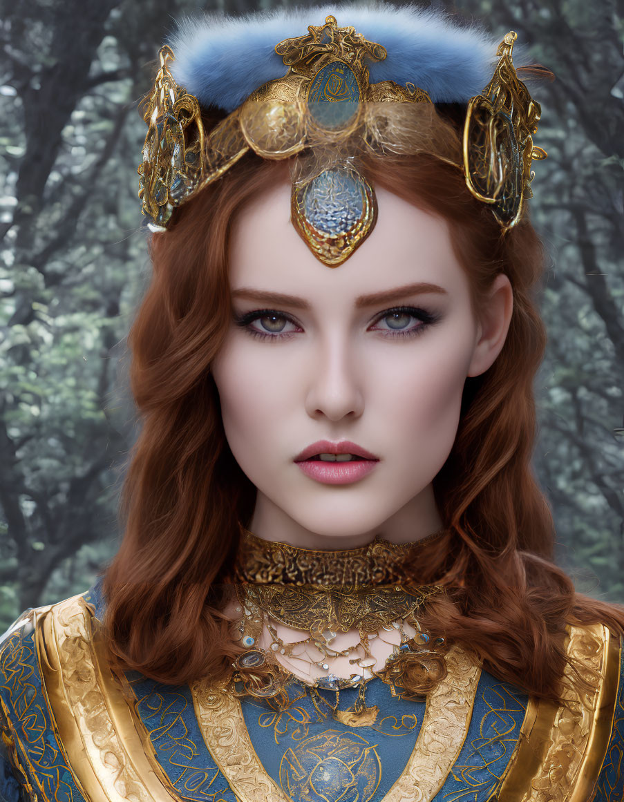 Red-haired woman in golden crown and blue attire gazes forward