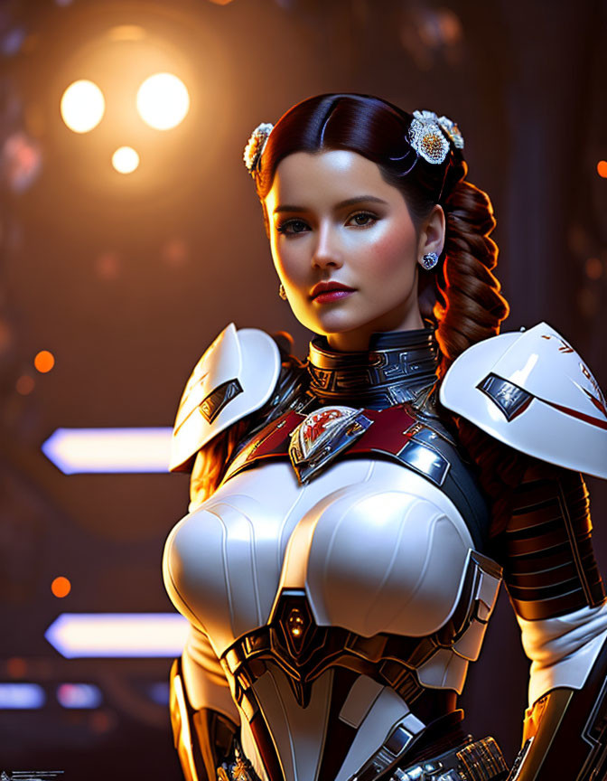 Futuristic woman in intricate white and red armor with braided hair