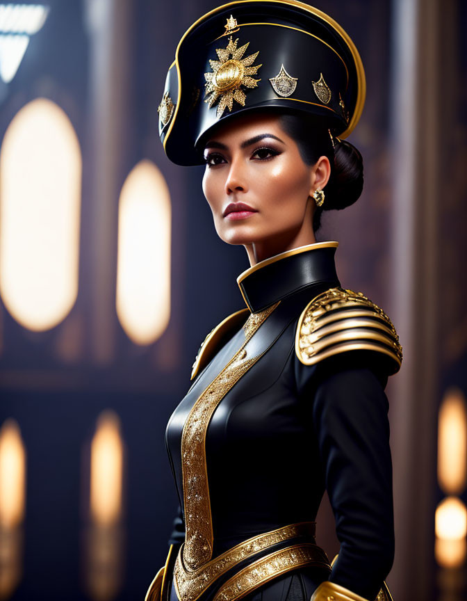 Decorated military-style uniform with gold accents on a confident woman in elegant interior