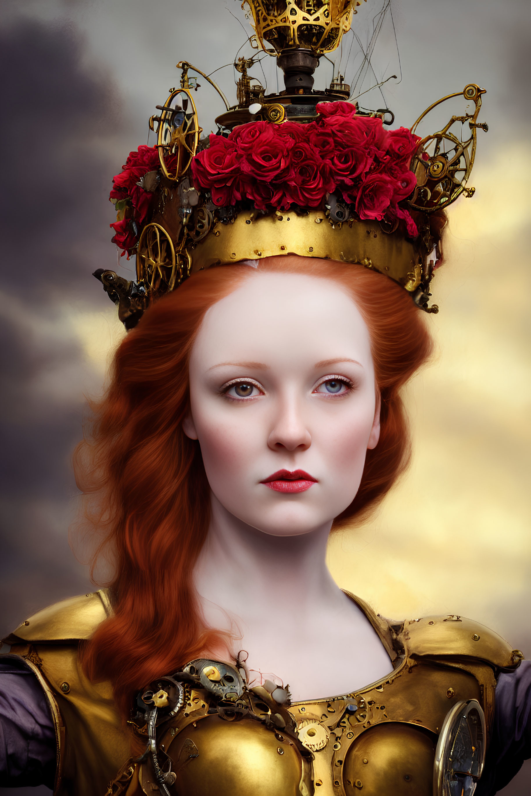 Red-haired woman with golden crown and mechanical elements against cloudy sky