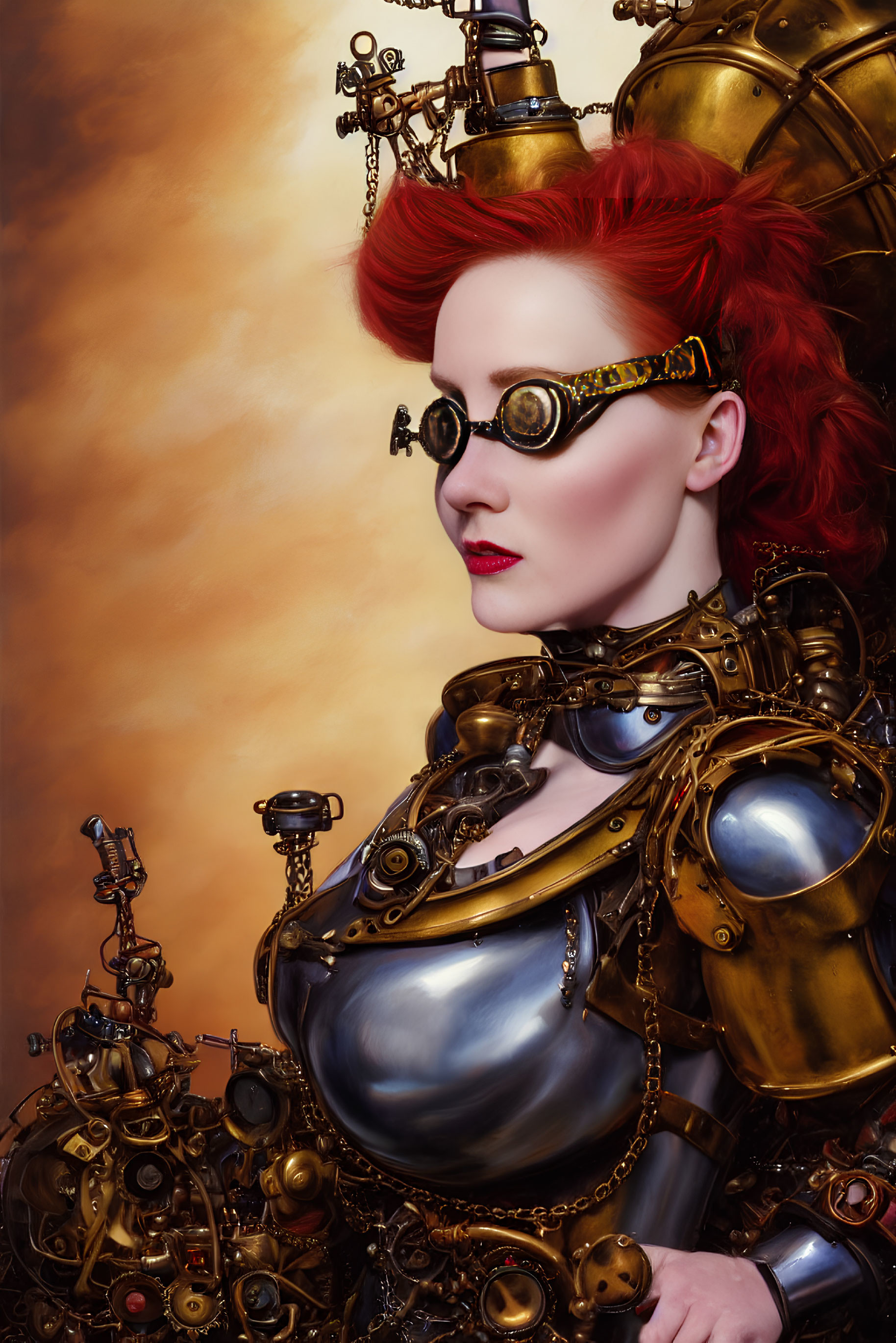 Red-haired woman in vintage steampunk attire with ornate goggles and metallic armor on warm cloudy day