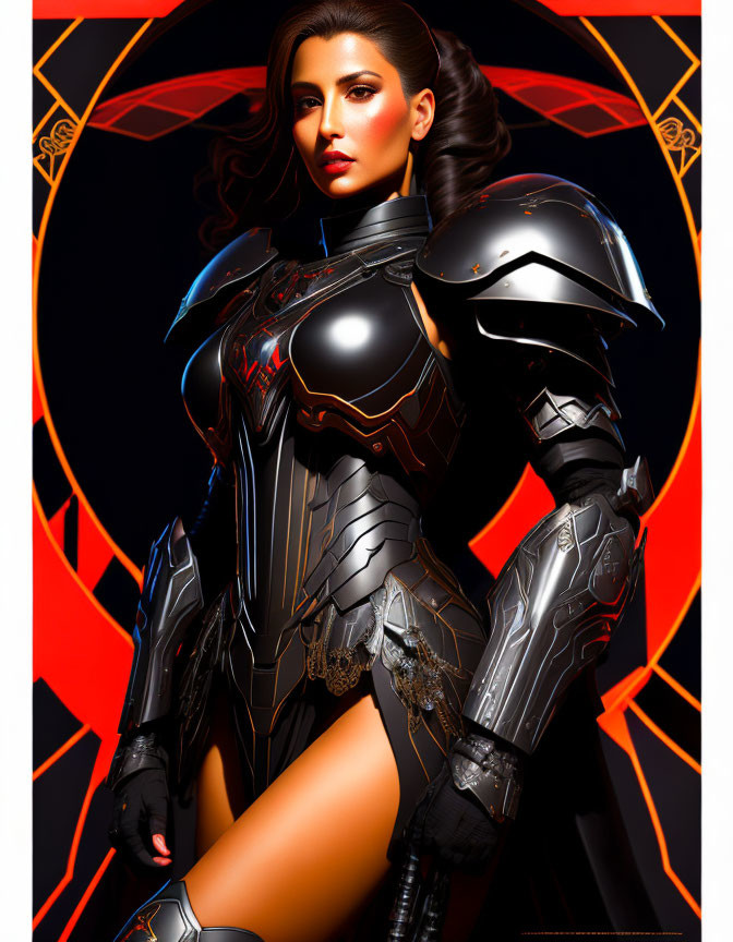 Futuristic black armor woman illustration on orange background