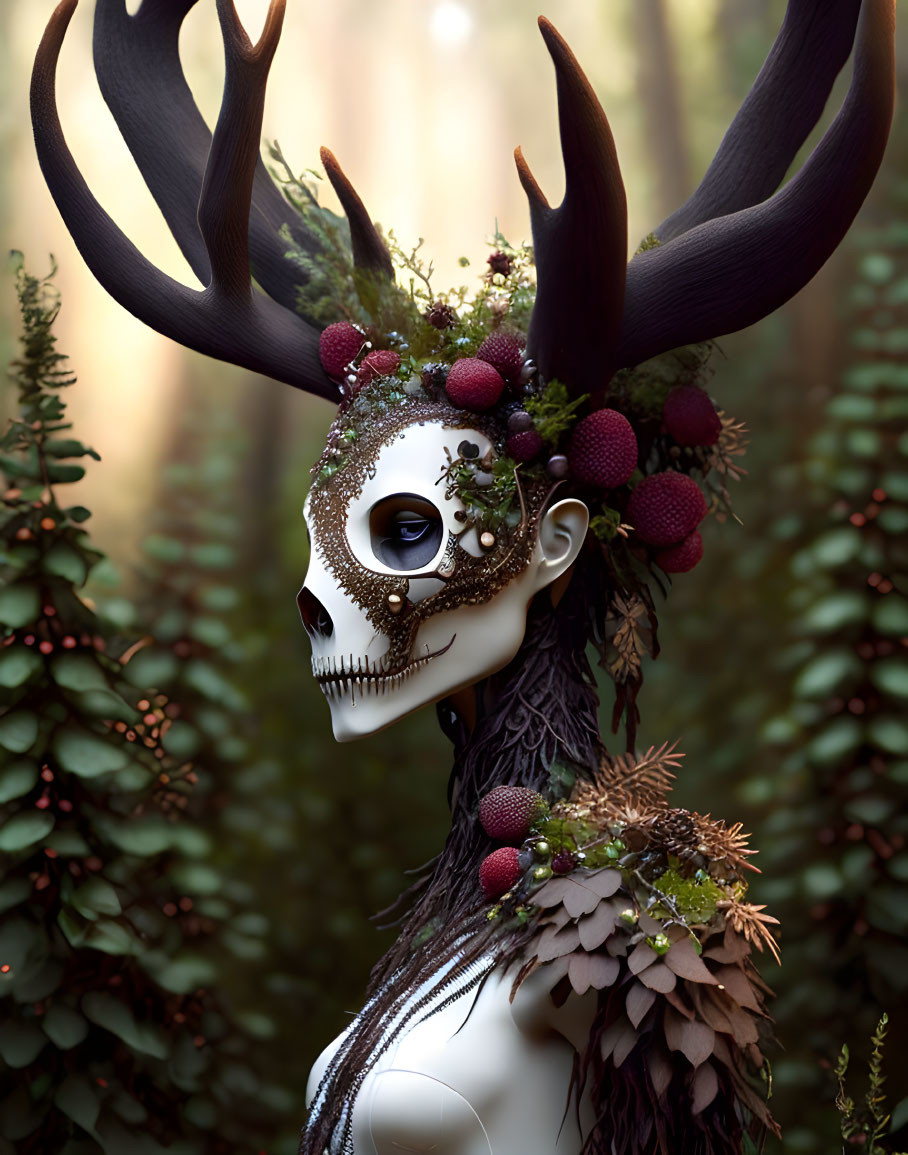 Skull-faced figure with antlers in misty forest scene