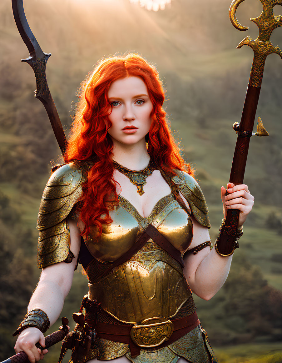 Fantasy armor-clad woman with red hair wields ornate axes in lush landscape