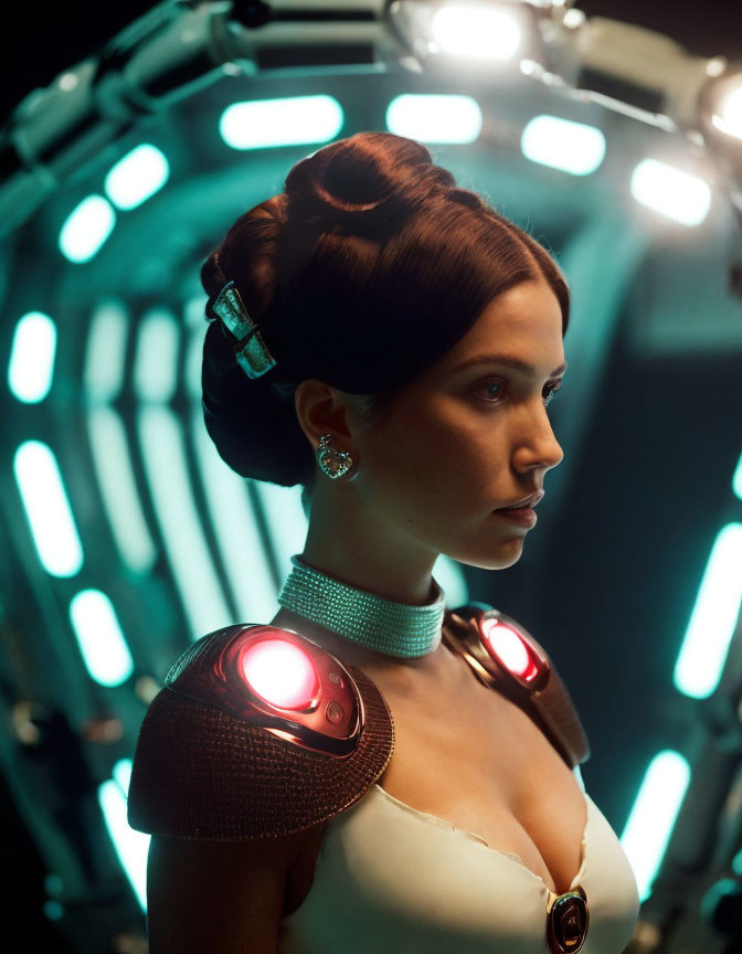 Elaborate updo hairstyle and futuristic attire with glowing red shoulder pads in front of circular light structure