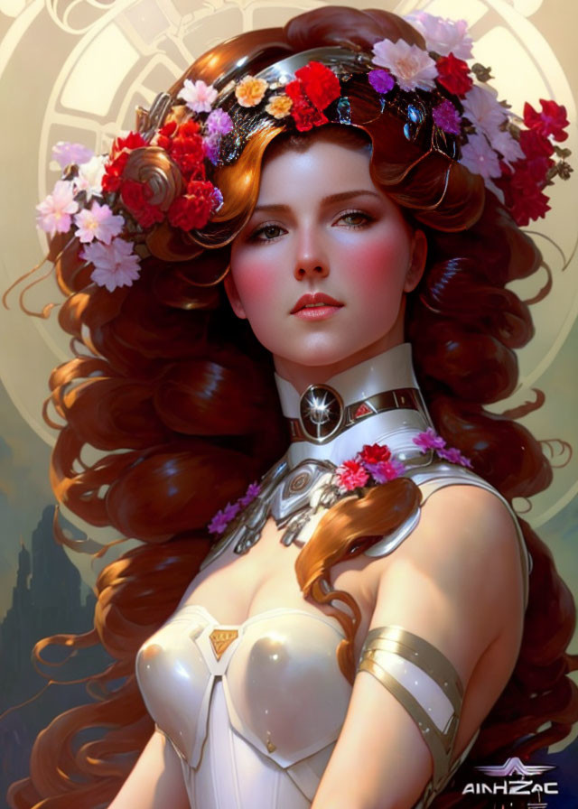 Digital artwork of woman with auburn hair, floral crown, futuristic white outfit, metallic accents,