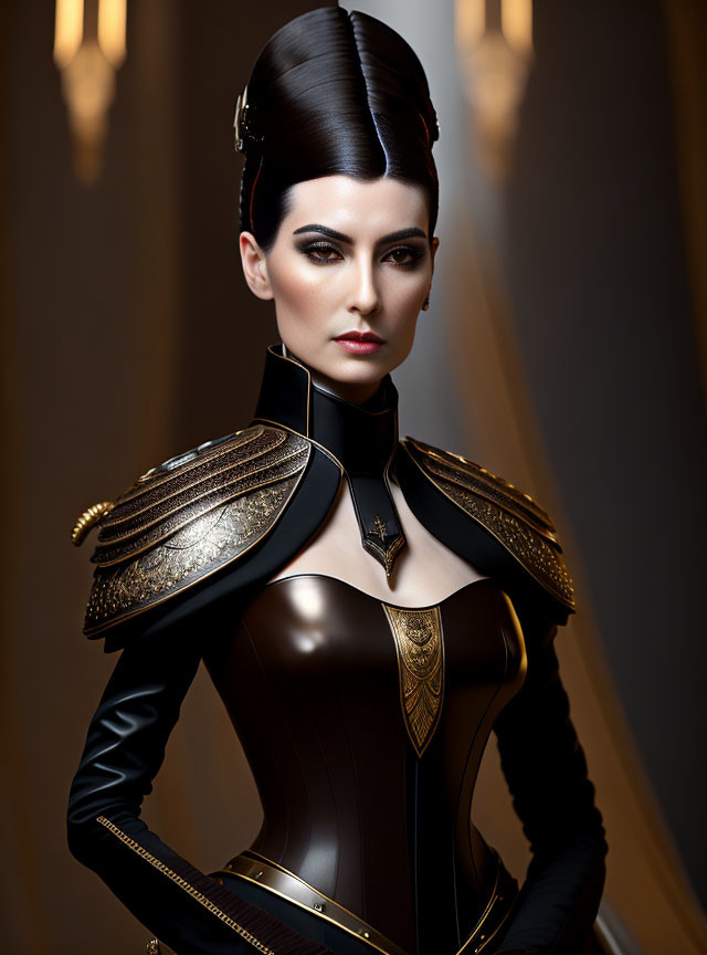 Elaborate Hairstyle Woman in Futuristic Black and Gold Bodice