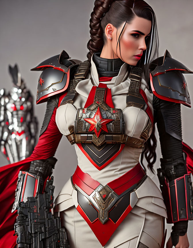 Sci-fi armored woman with red accents and futuristic weapon, blurred figure in background