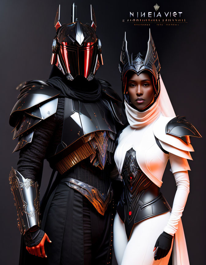 Futuristic knight armor in black and red vs. white and gold on dark background