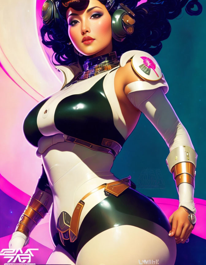 Stylized futuristic female character with dark hair in white and black bodysuit