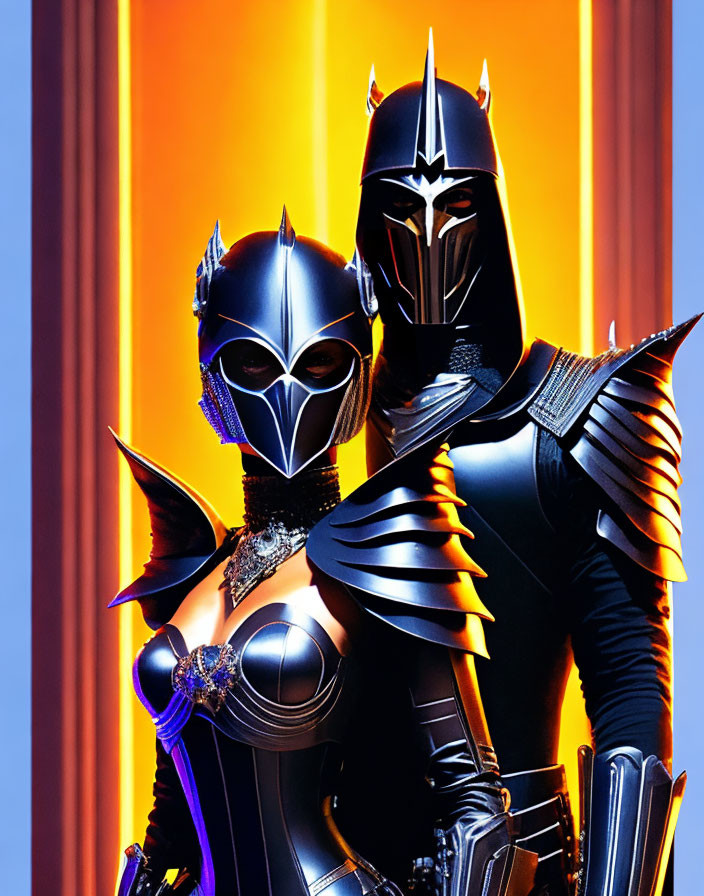 Futuristic black armor-clad individuals on orange striped backdrop