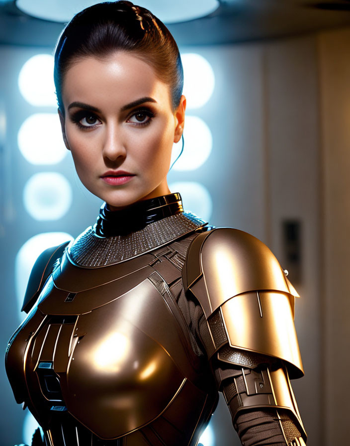 Dark-haired woman in futuristic armor posing confidently with circular light fixtures.