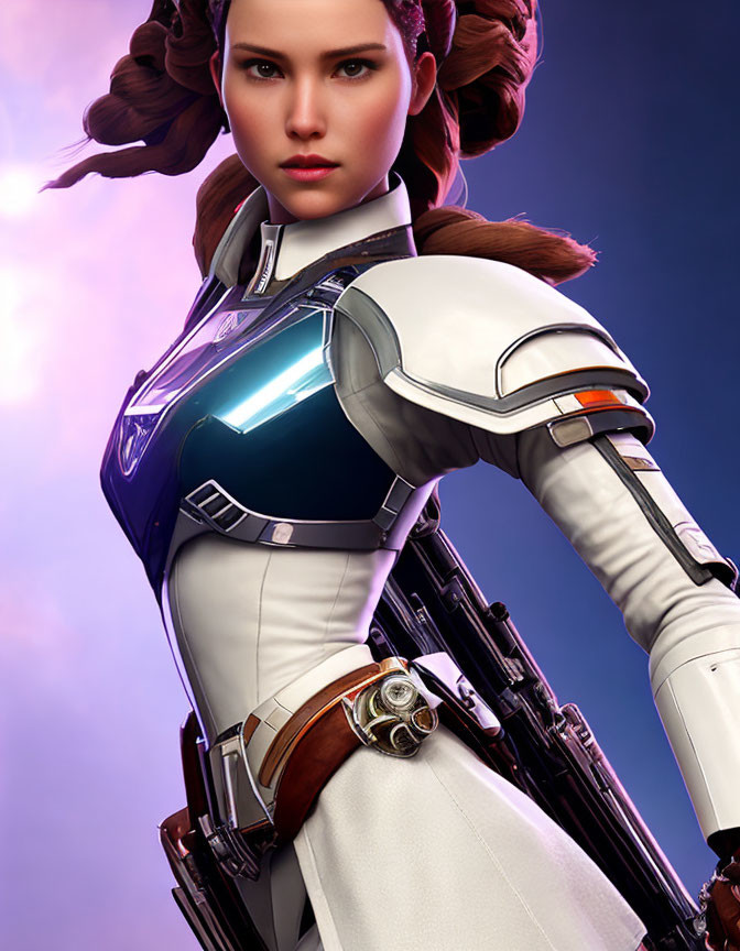 Futuristic digital artwork of a woman in white and blue armor suit