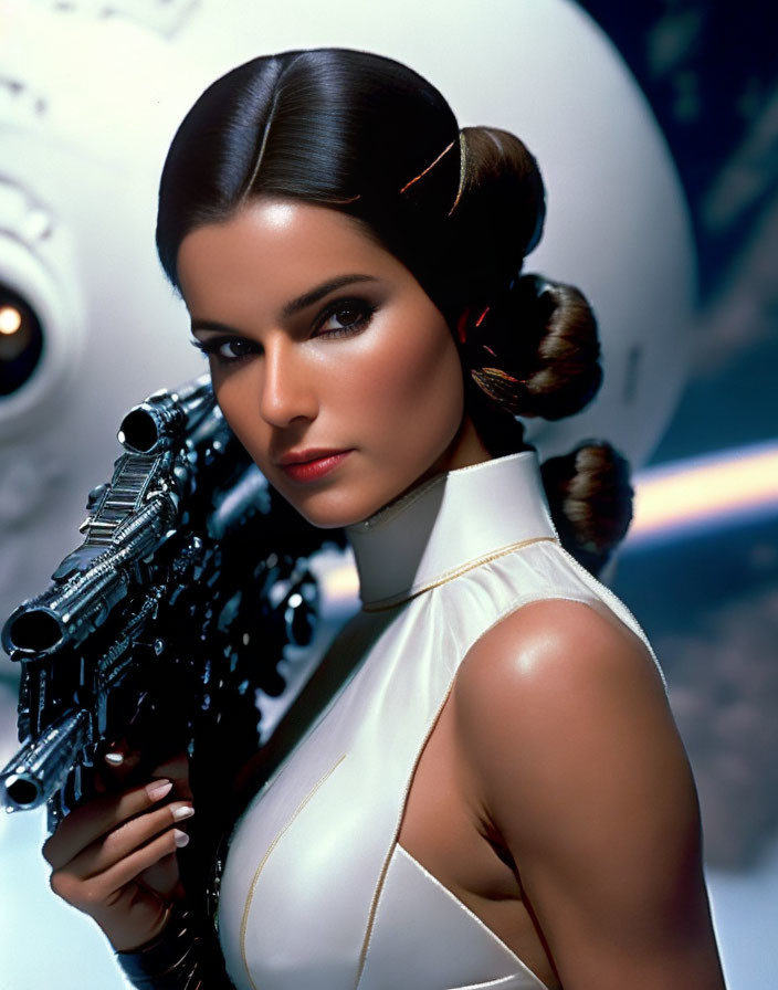 Woman with hair buns in white outfit holding blaster with futuristic spacecraft.