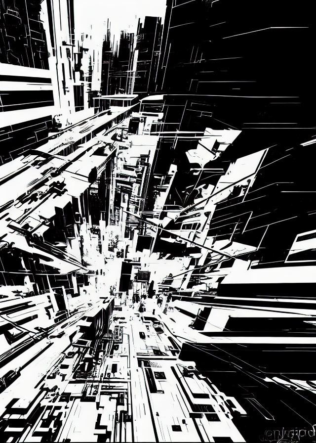 Abstract black and white cityscape with sharp lines and contrasting shapes.