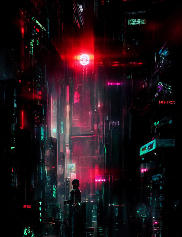 Futuristic city alley with neon lights and cyberpunk aesthetics