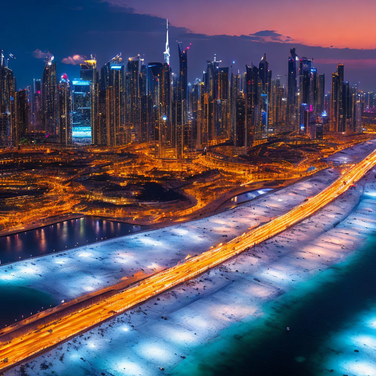 City at Twilight: Aerial View of Illuminated Skyscrapers, Busy Bridge, and Vibr