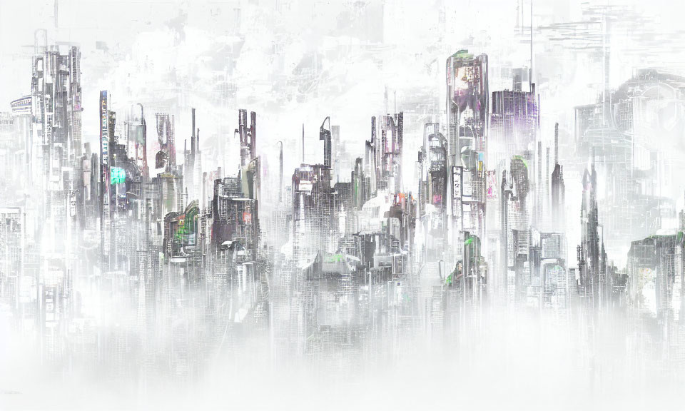 Monochromatic Futuristic Cityscape with Green Accents