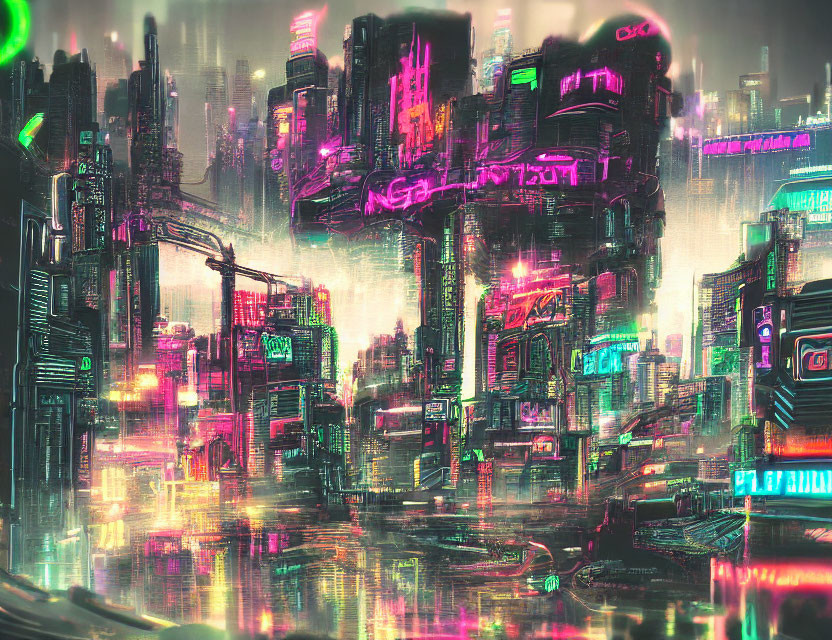 Futuristic cyberpunk cityscape with neon lights and skyscrapers