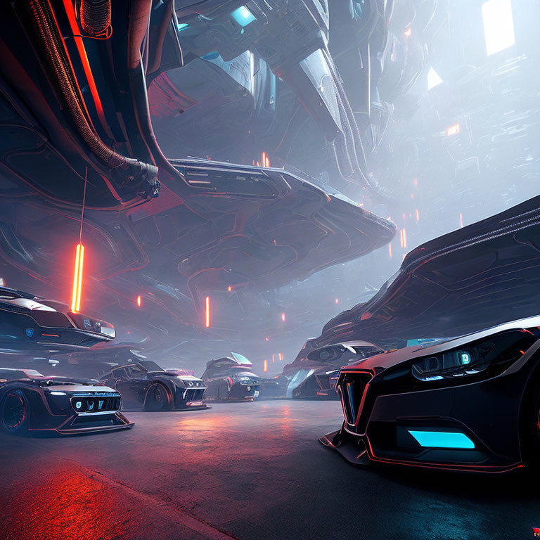 Futuristic vehicles in neon-lit high-tech garage with towering structures