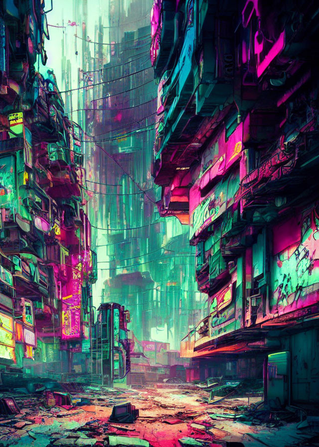 Neon-soaked cyberpunk alley with towering, weathered buildings