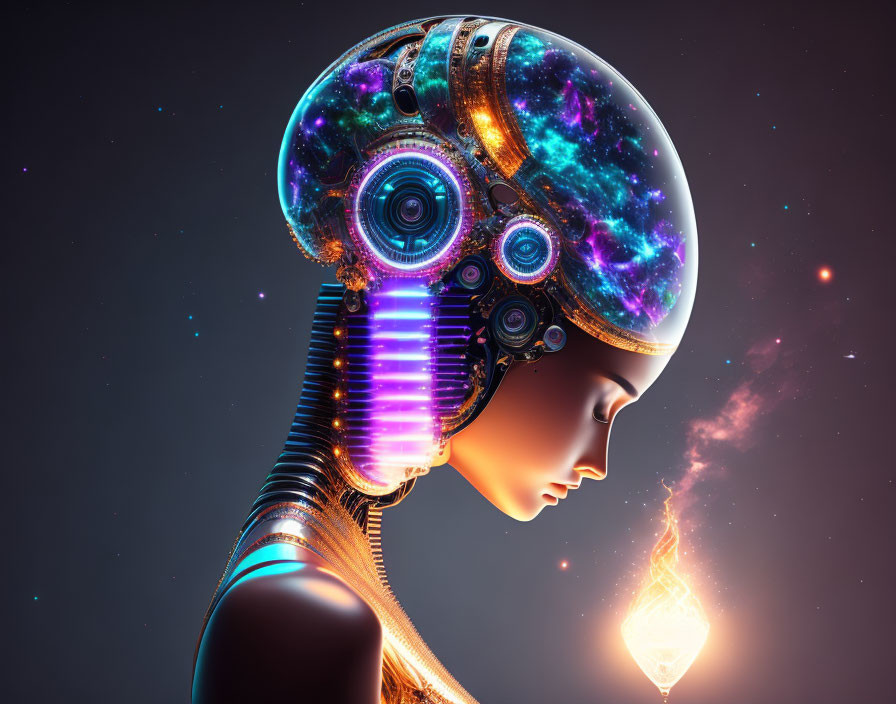 Futuristic humanoid robot with cosmic galaxy patterns and neon lights