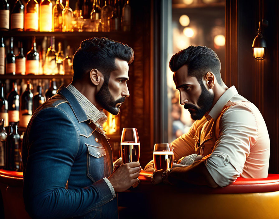 Men in stylish attire toasting at classy bar with warm lighting