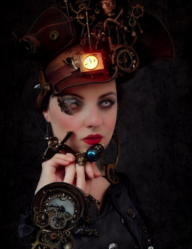 Steampunk-themed woman with gear-adorned hat and pocket watch on dark background