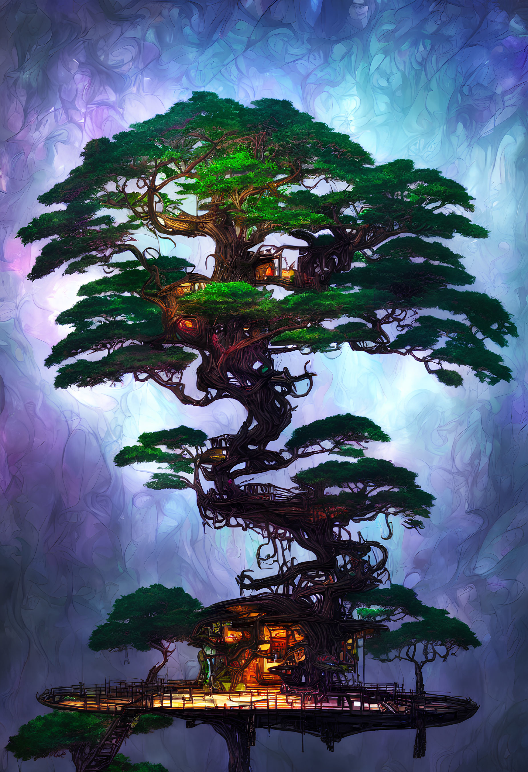 Fantasy artwork: Grand tree with illuminated treehouse amidst colorful background