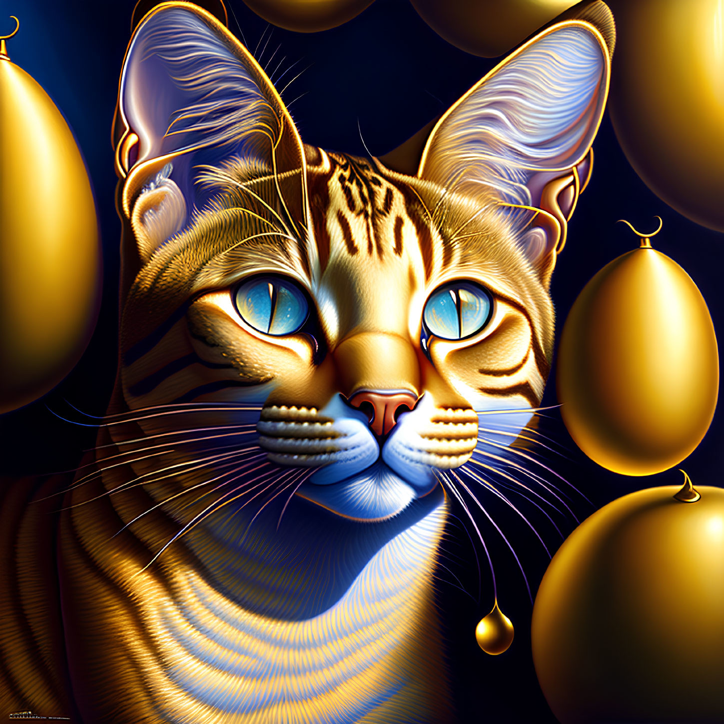 Golden cat with blue eyes surrounded by gold balloons on dark blue background